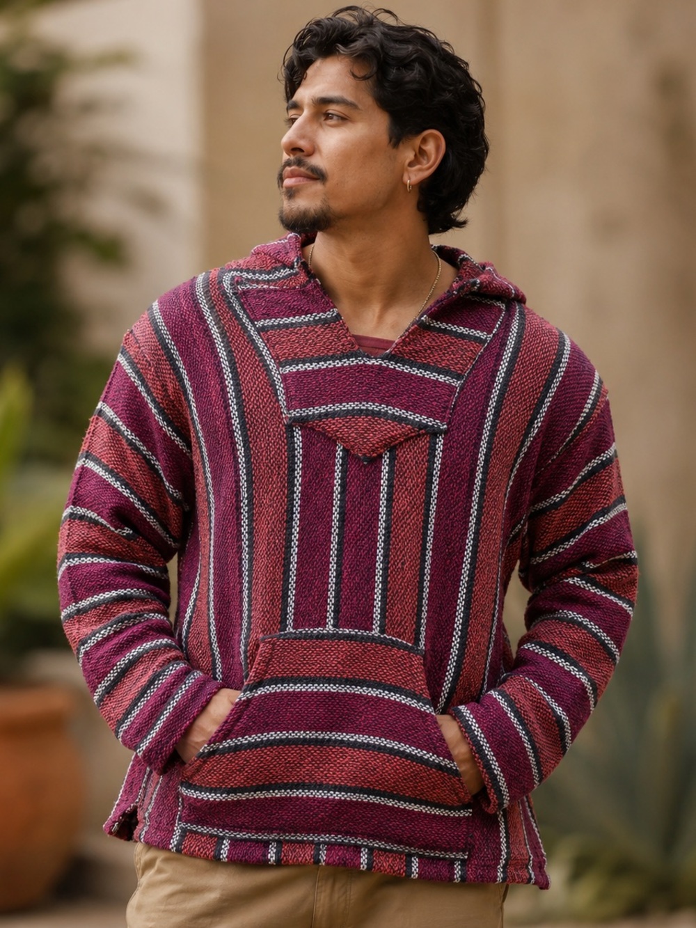 Made in Mexico Baja Boho Rag Orange and Red Striped Unisex Hoodie Sz M/L
